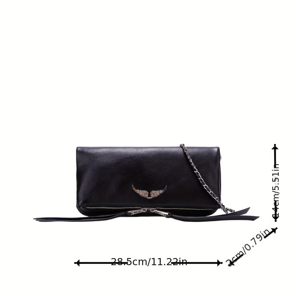 Wing Decor Shoulder Bag - Fashionable Chain Genuine Leather Flap Handbag