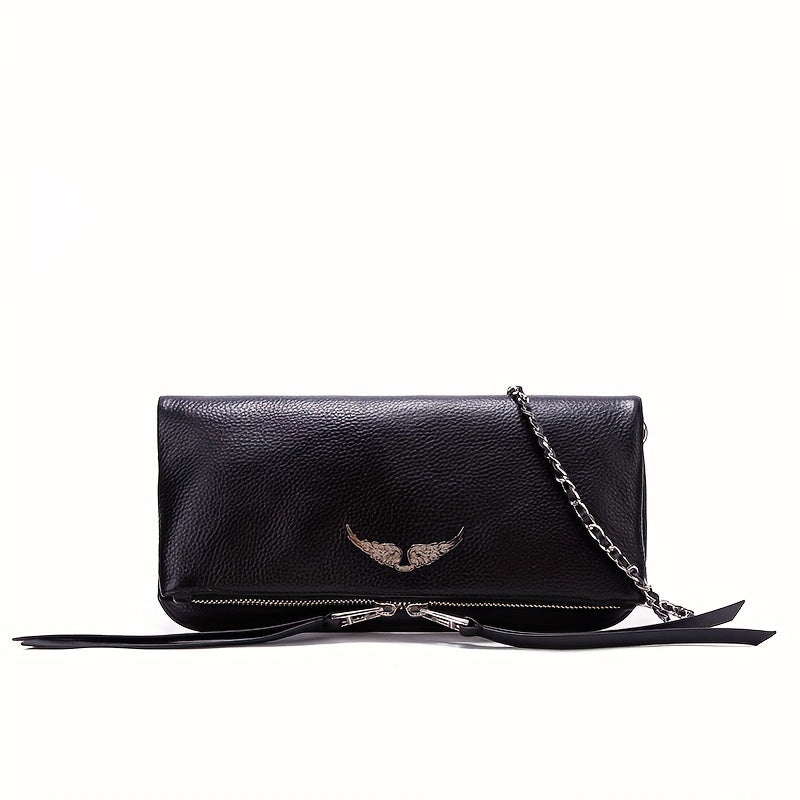 Wing Decor Shoulder Bag - Fashionable Chain Genuine Leather Flap Handbag